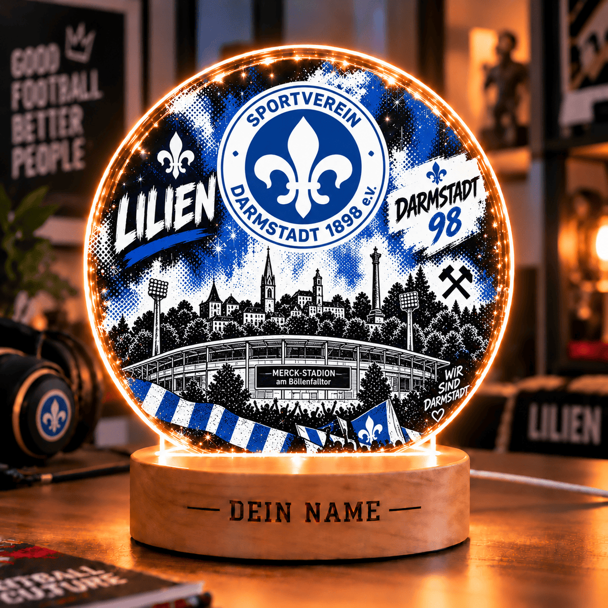 SV Darmstadt 98 Personalized LED Night Light – Street Art Acrylic Lamp with Wooden Base