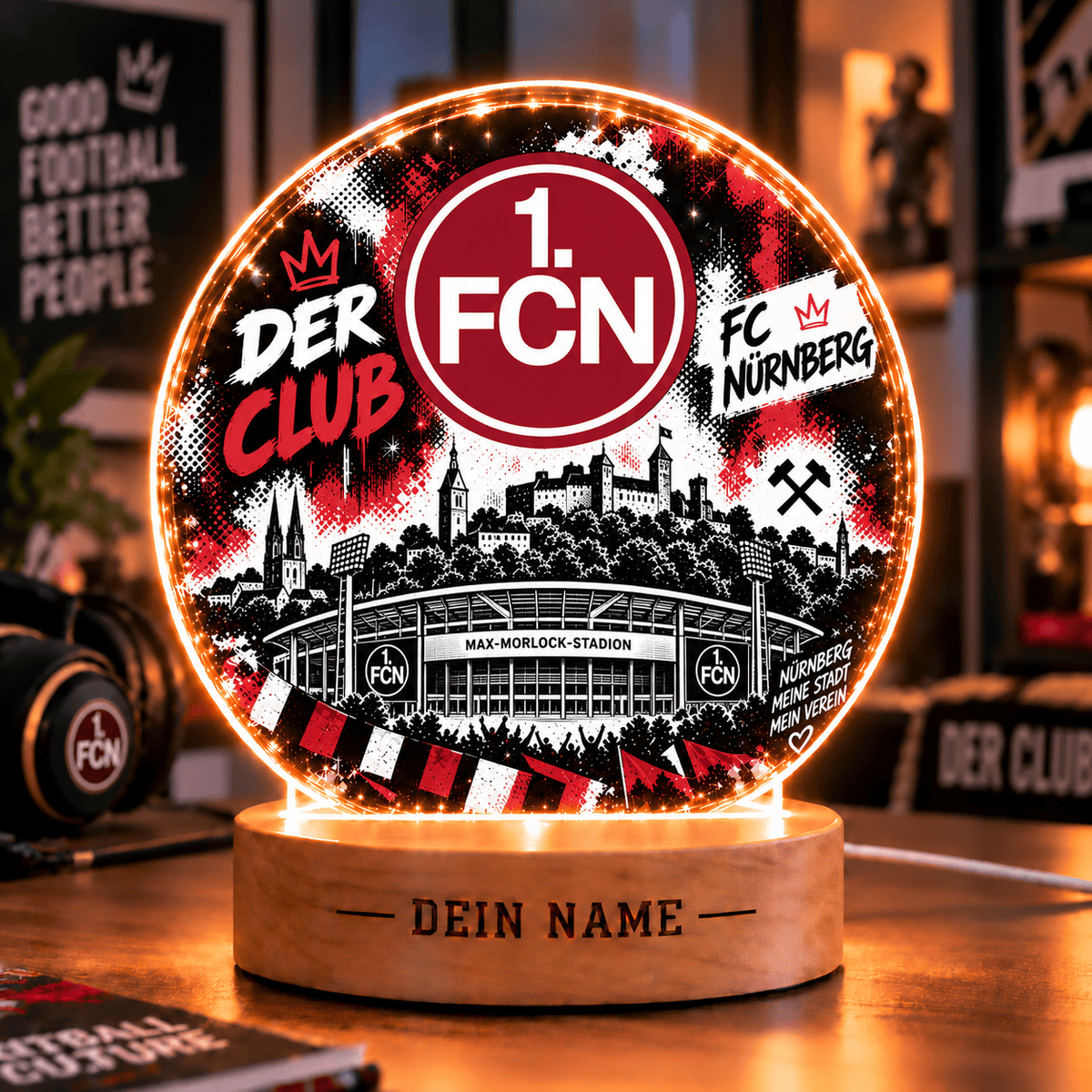 FC Nürnberg Personalized LED Night Light – Street Art Acrylic Lamp with Wooden Base