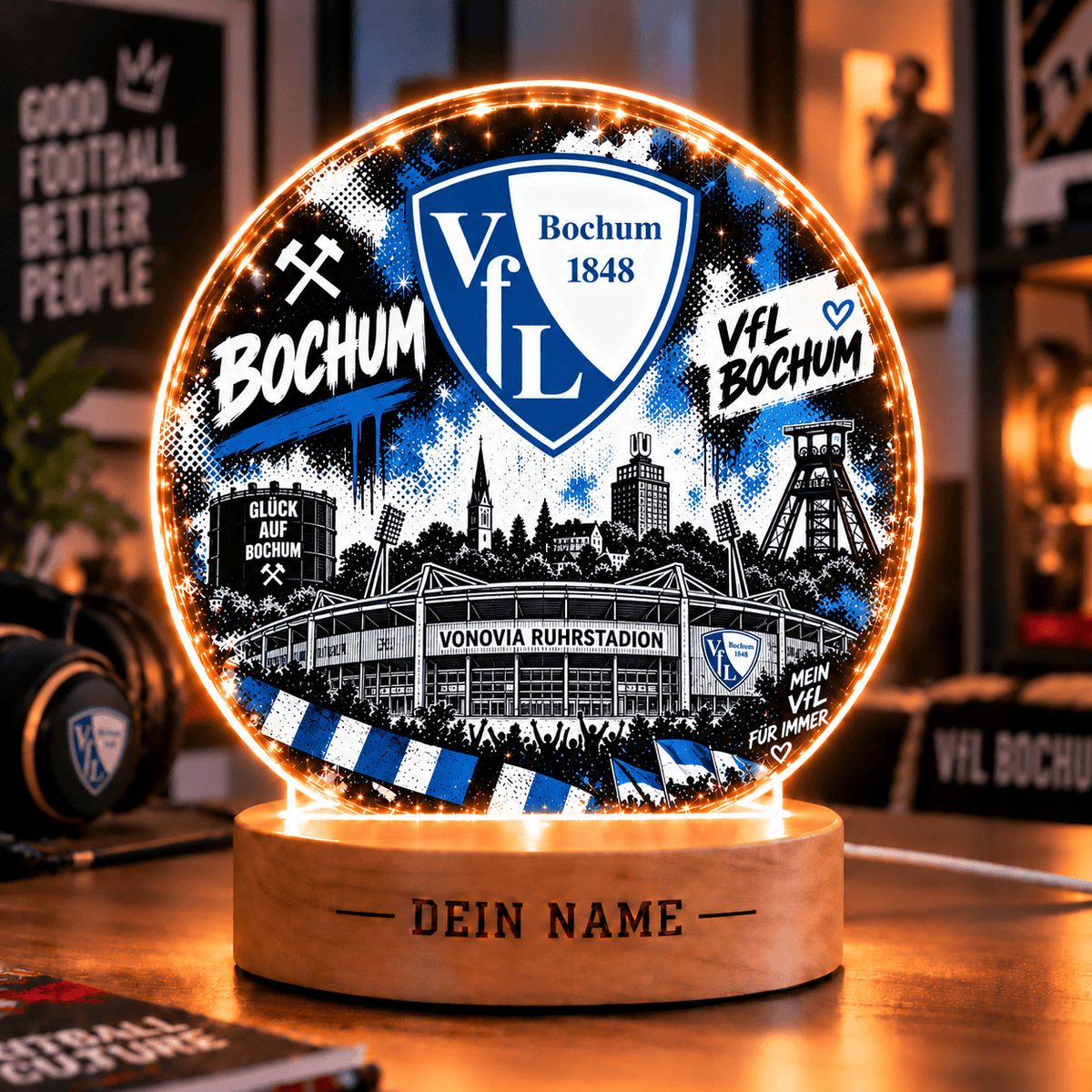 VfL Bochum Personalized LED Night Light – Street Art Acrylic Lamp with Wooden Base