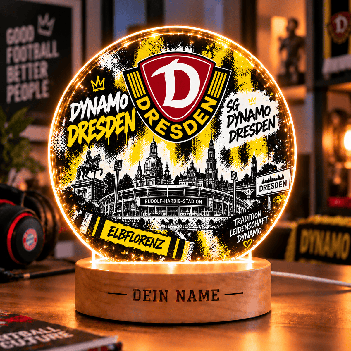 Dynamo Dresden Personalized LED Night Light – Street Art Acrylic Lamp with Wooden Base