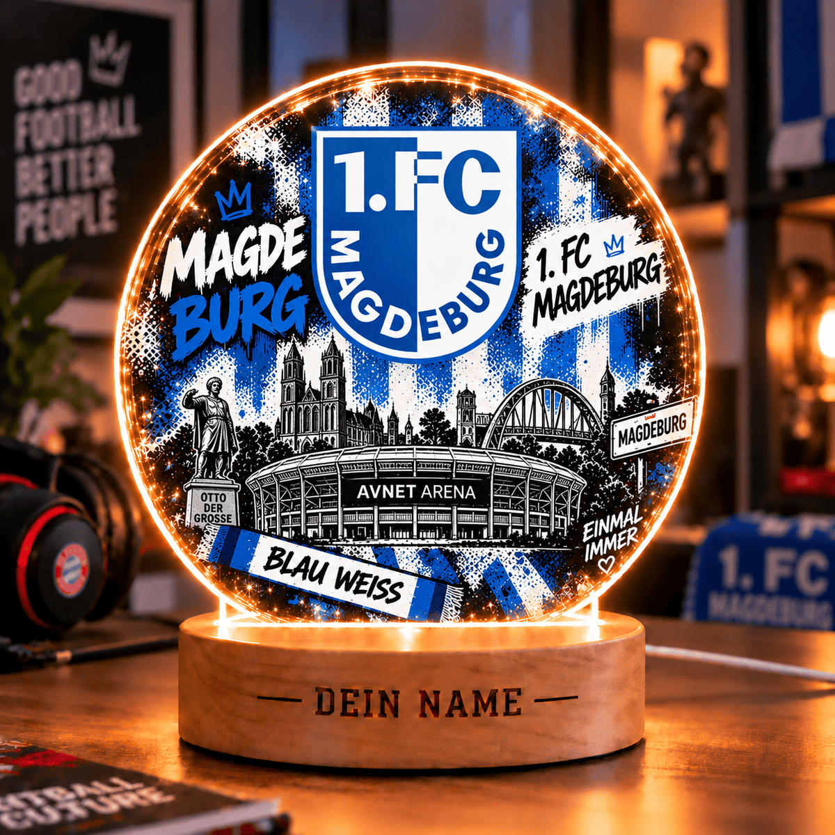 FC Magdeburg Personalized LED Night Light – Street Art Acrylic Lamp with Wooden Base