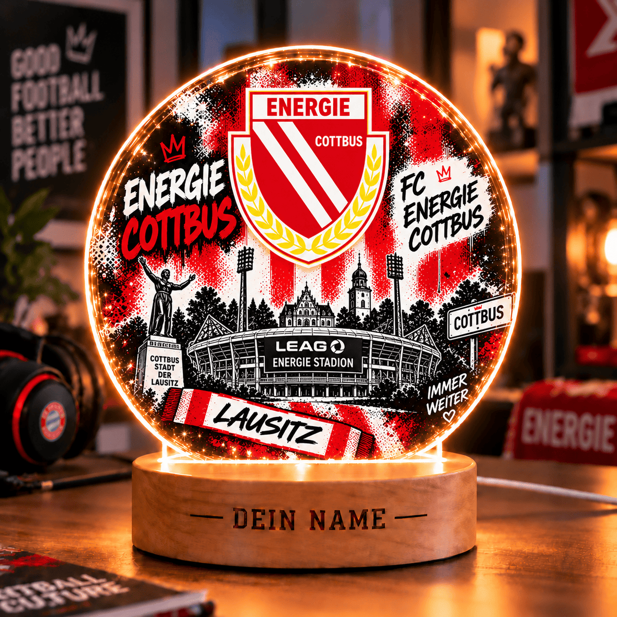 Energie Cottbus Personalized LED Night Light – Street Art Acrylic Lamp with Wooden Base