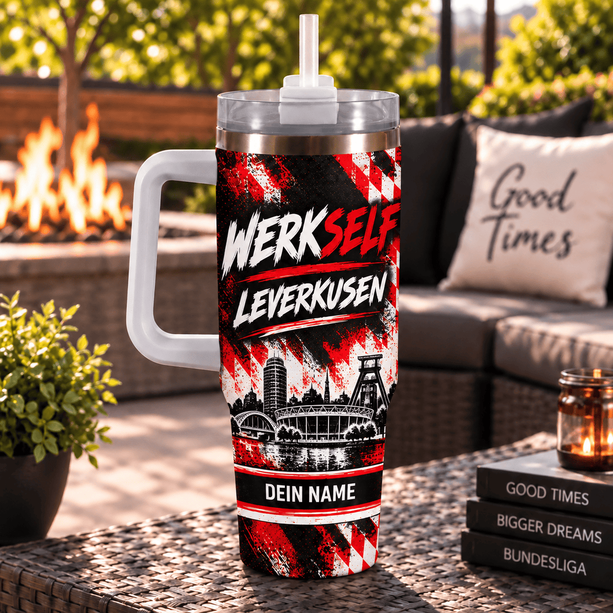 Bayer Leverkusen Personalized 40oz Tumbler with Handle – Skyline & Motto Edition