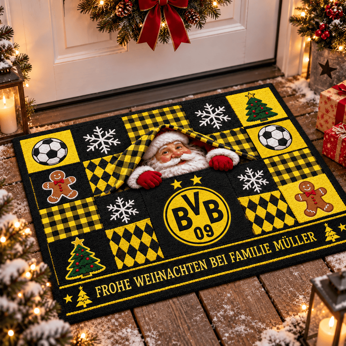 Borussia Dortmund Personalized Christmas Doormat – Peeking Santa Family Welcome Mat