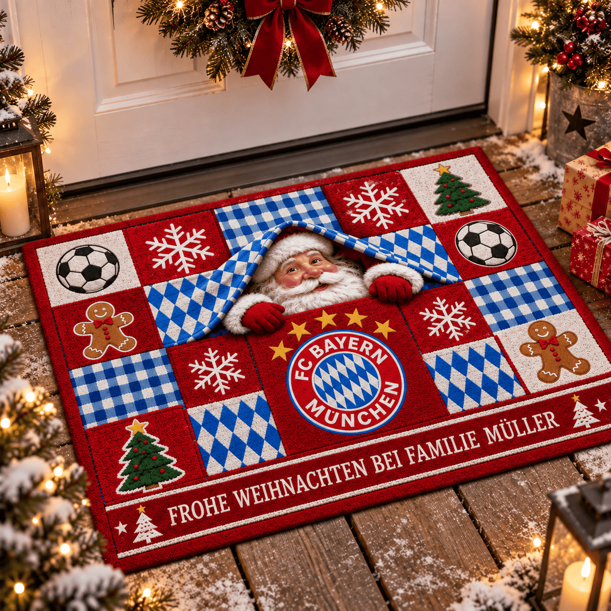 Bayern Munich Personalized Christmas Doormat – Peeking Santa Family Welcome Mat