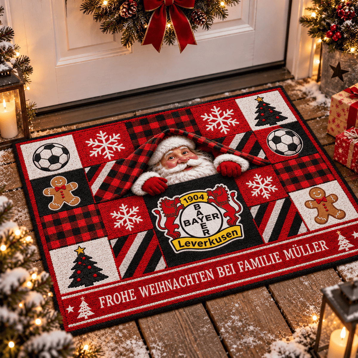 Bayer Leverkusen Personalized Christmas Doormat – Peeking Santa Family Welcome Mat
