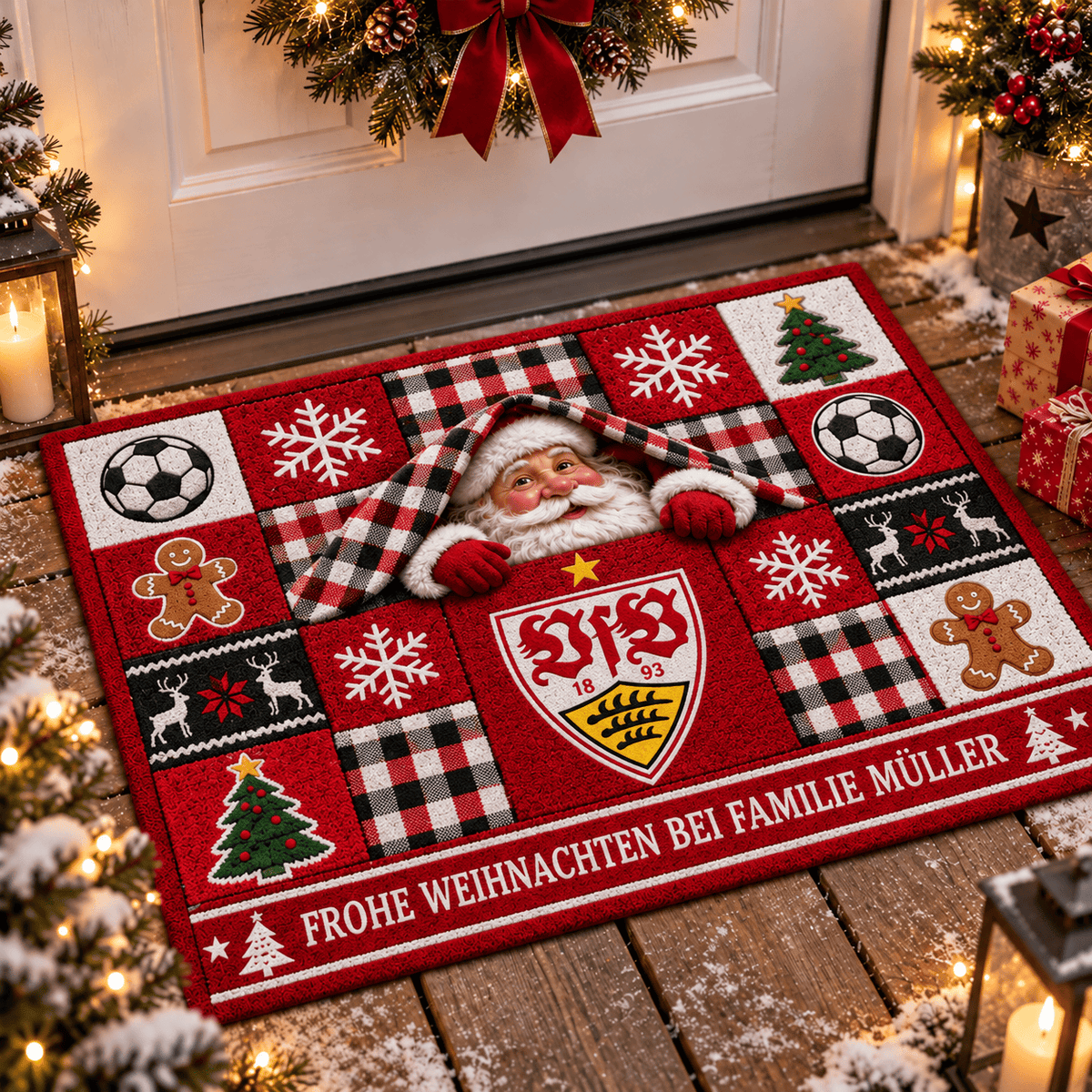 VfB Stuttgart Personalized Christmas Doormat – Peeking Santa Family Welcome Mat