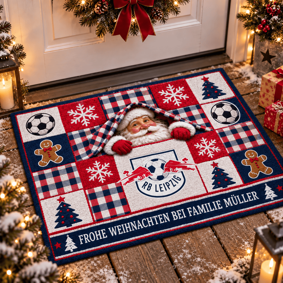 RB Leipzig Personalized Christmas Doormat – Peeking Santa Family Welcome Mat