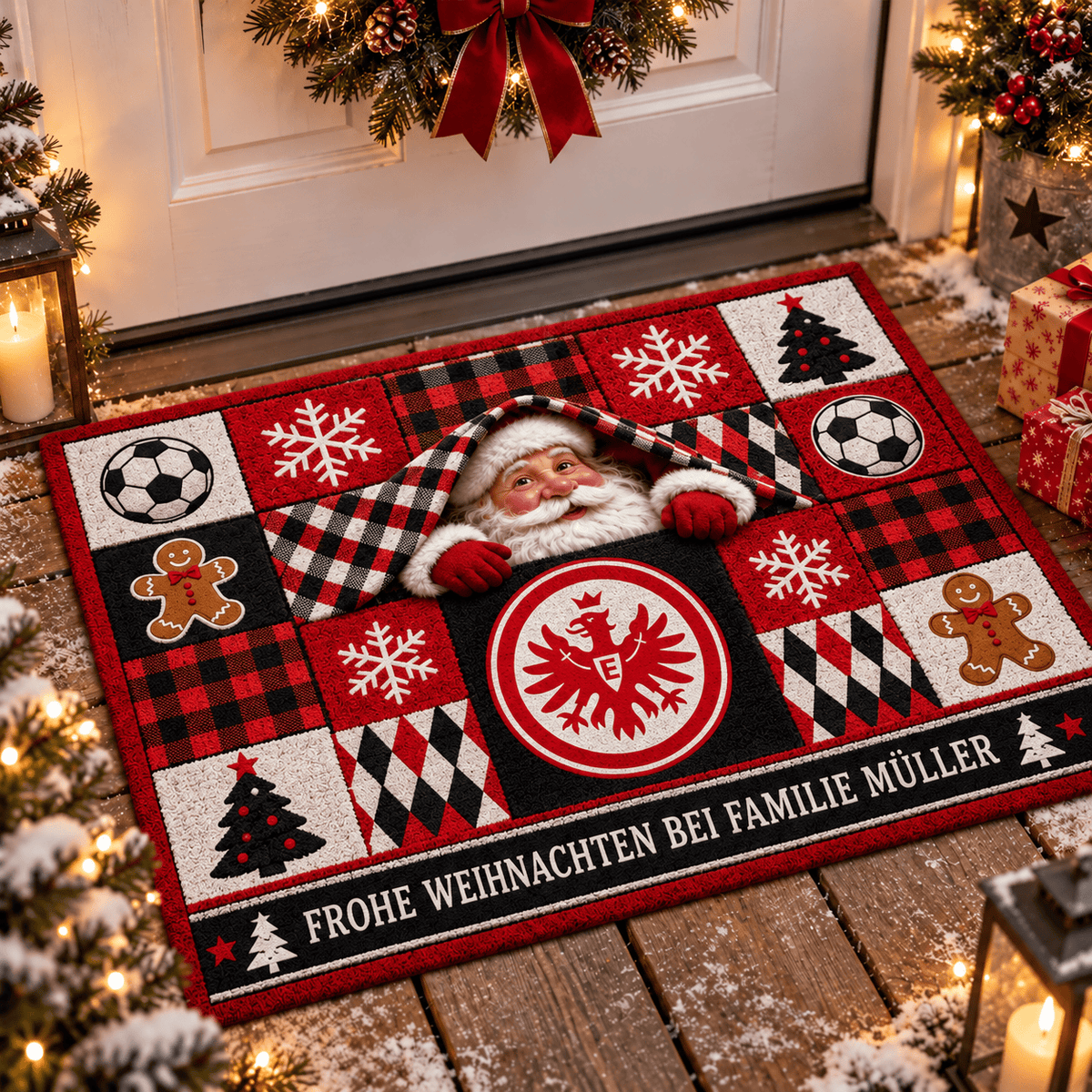 Eintracht Frankfurt Personalized Christmas Doormat – Peeking Santa Family Welcome Mat