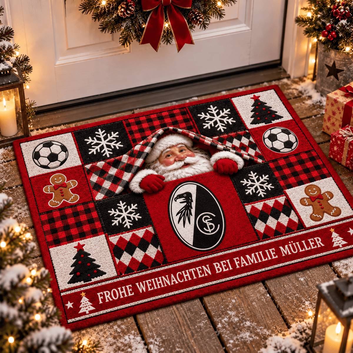 SC Freiburg Personalized Christmas Doormat – Peeking Santa Family Welcome Mat