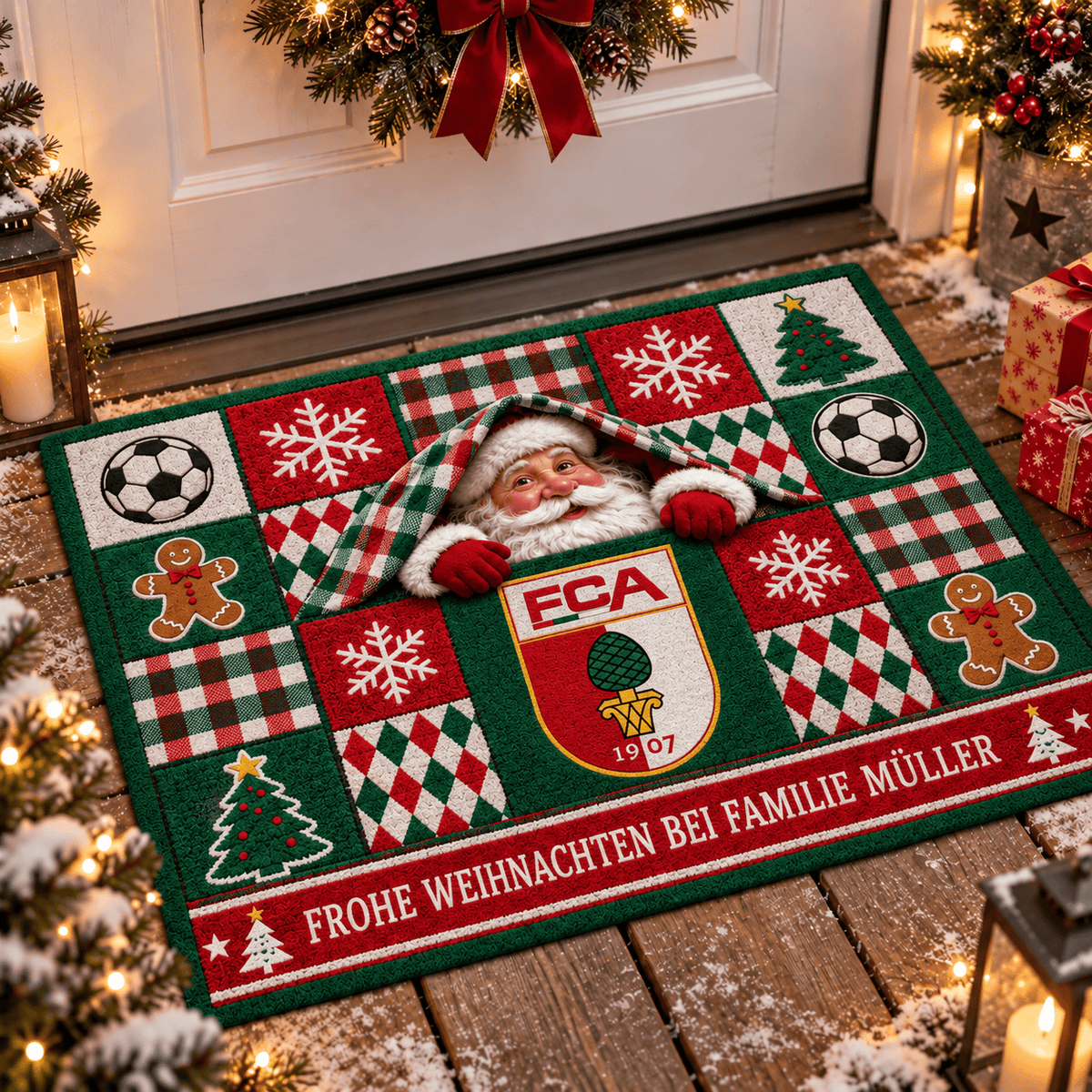 FC Augsburg Personalized Christmas Doormat – Peeking Santa Family Welcome Mat