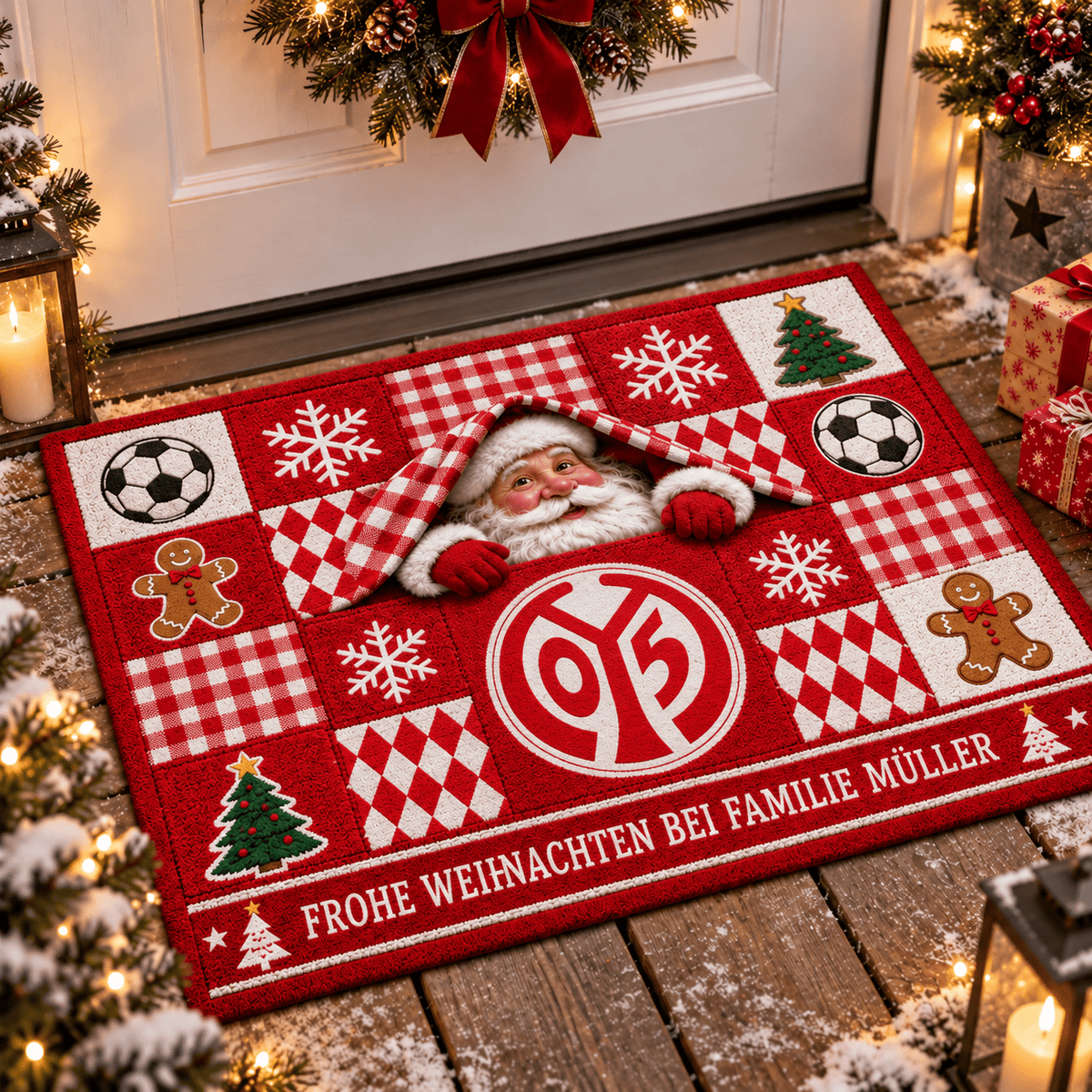 Mainz 05 Personalized Christmas Doormat – Peeking Santa Family Welcome Mat