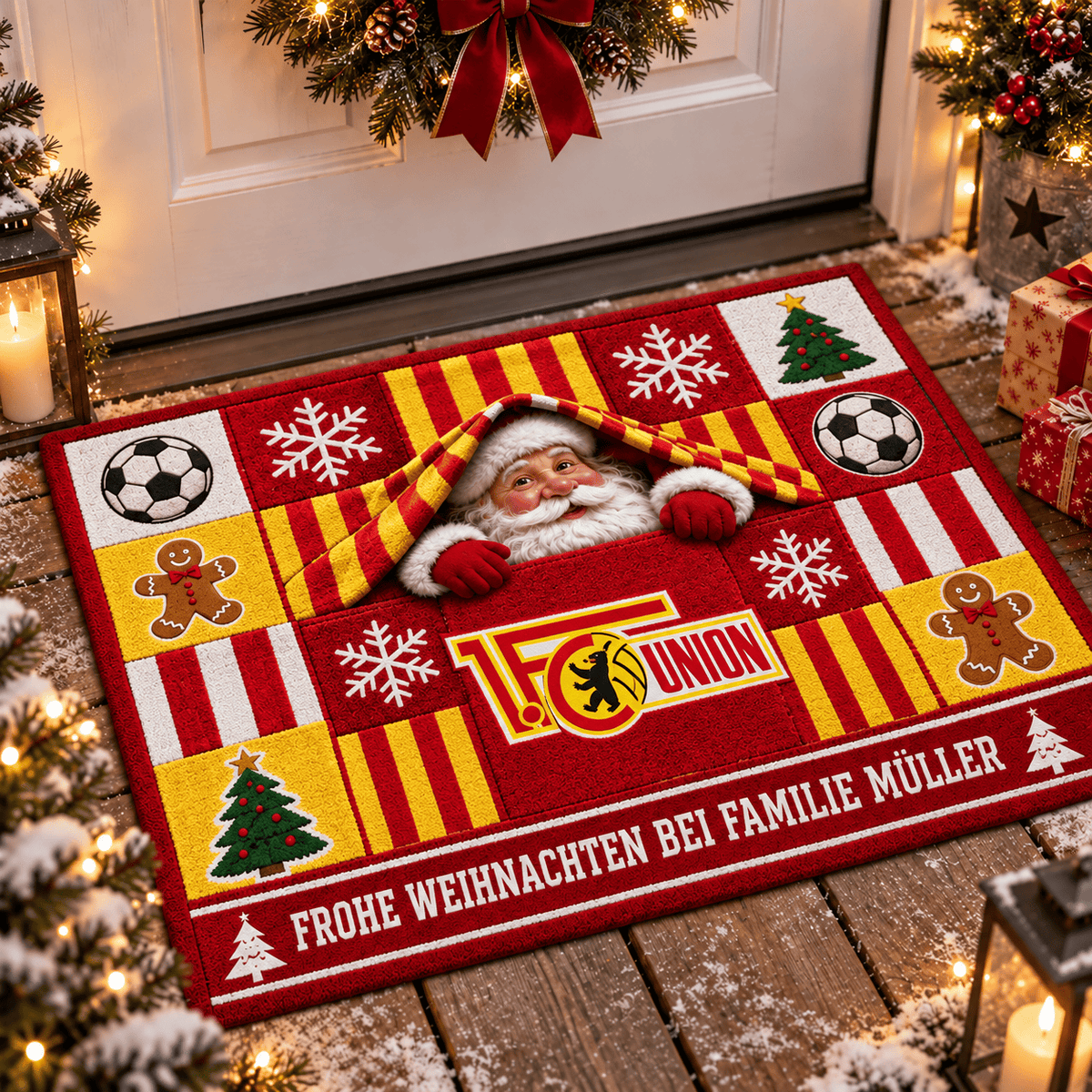 Union Berlin Personalized Christmas Doormat – Peeking Santa Family Welcome Mat