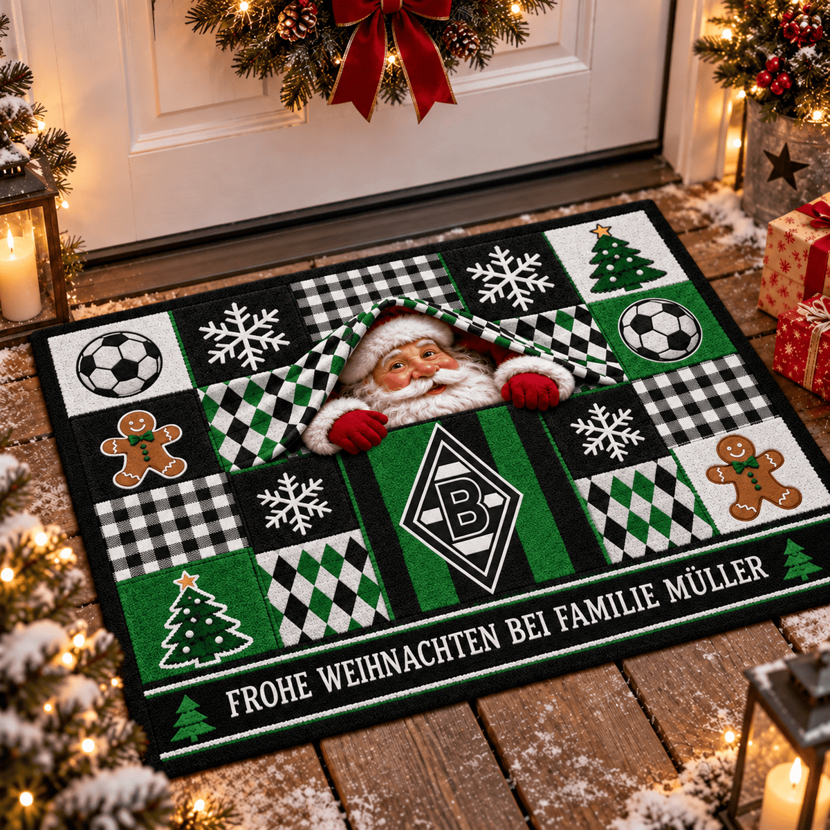 Borussia Mönchengladbach Personalized Christmas Doormat – Peeking Santa Family Welcome Mat