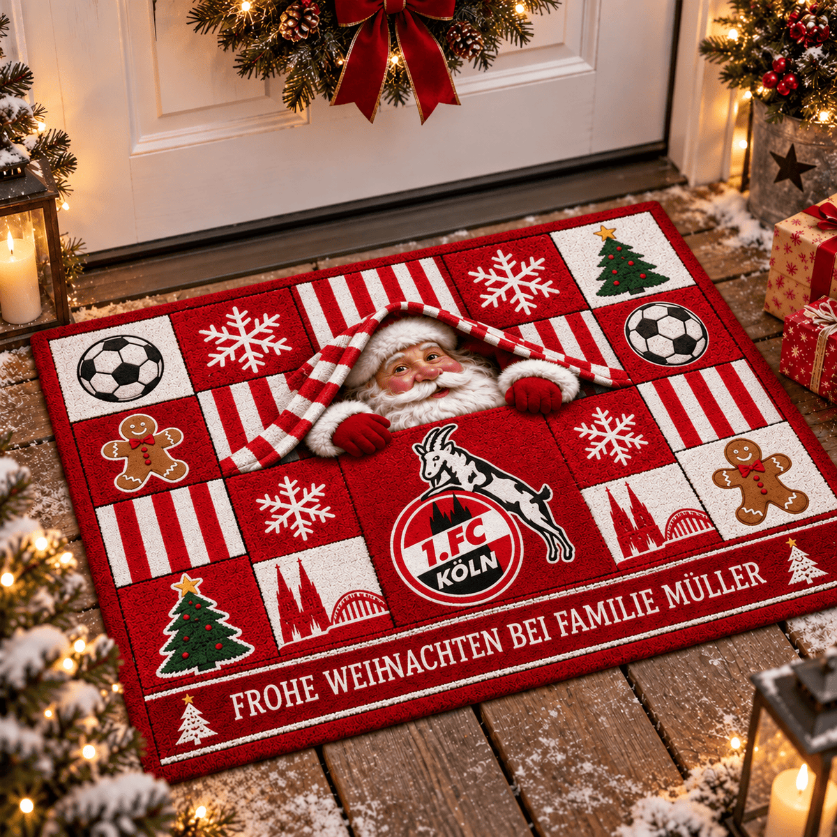 1. FC Köln Personalized Christmas Doormat – Peeking Santa Family Welcome Mat