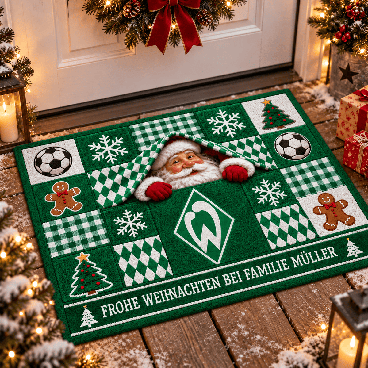 Werder Bremen Personalized Christmas Doormat – Peeking Santa Family Welcome Mat