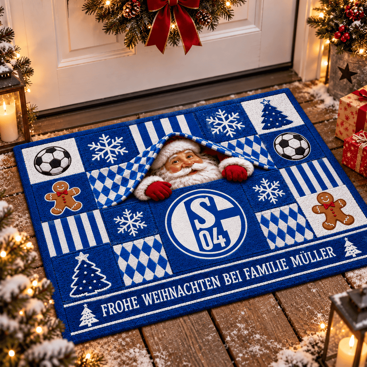 Schalke 04 Personalized Christmas Doormat – Peeking Santa Family Welcome Mat
