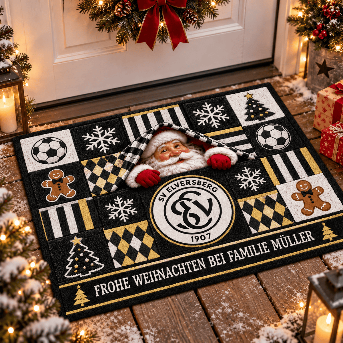 SV Elversberg Personalized Christmas Doormat – Peeking Santa Family Welcome Mat
