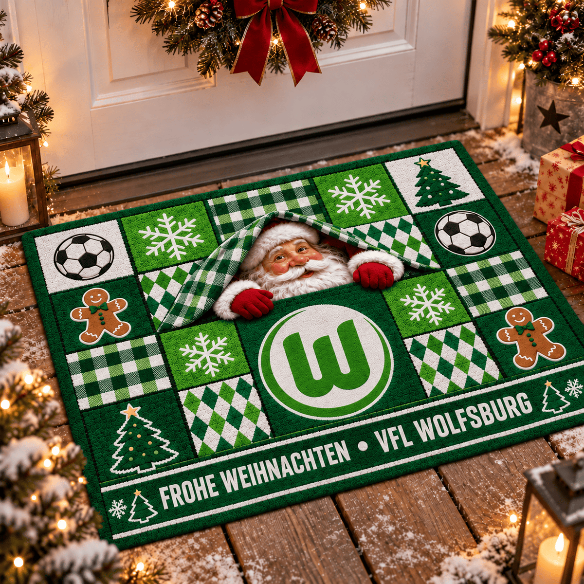 VfL Wolfsburg Personalized Christmas Doormat – Peeking Santa Family Welcome Mat