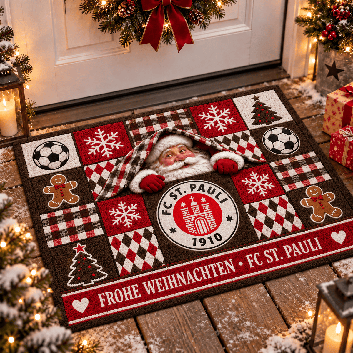 FC St. Pauli Personalized Christmas Doormat – Peeking Santa Family Welcome Mat