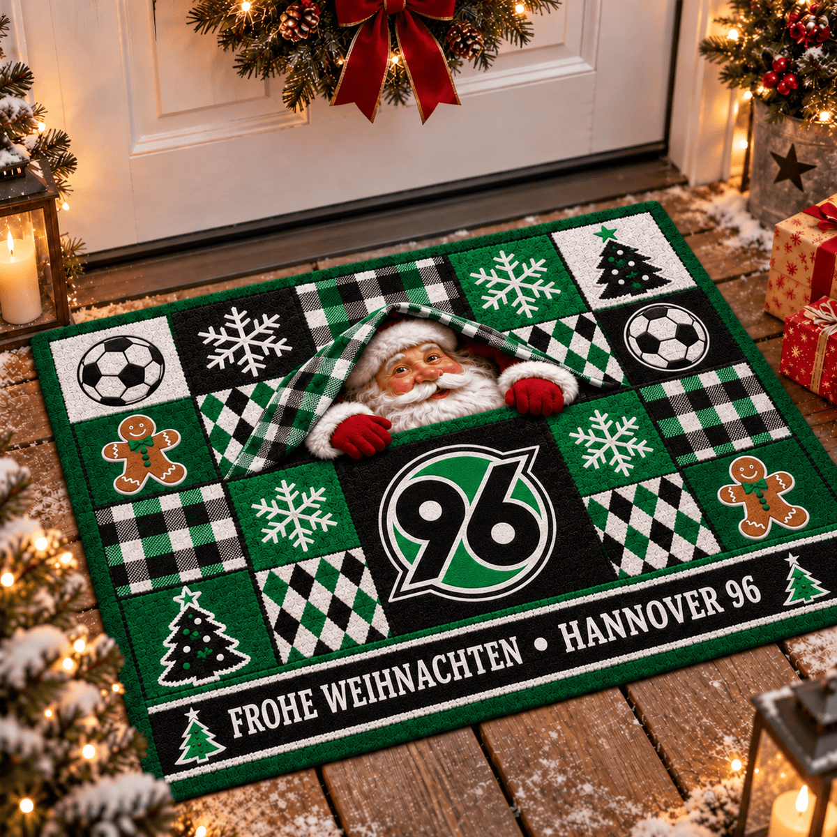 Hannover 96 Personalized Christmas Doormat – Peeking Santa Family Welcome Mat