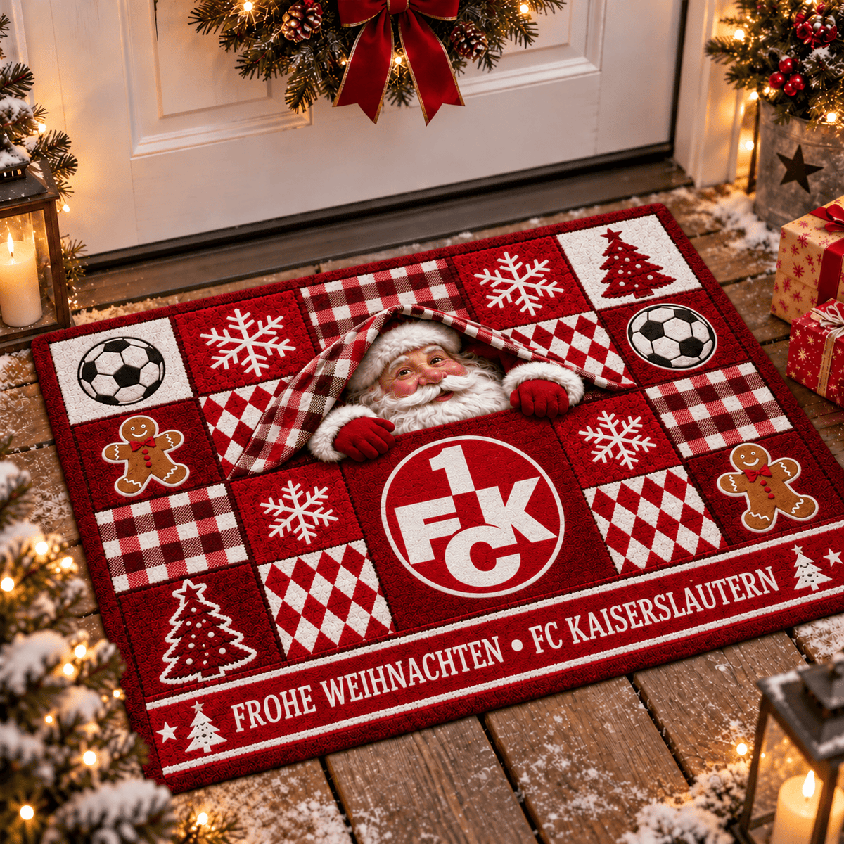 FC Kaiserslautern Personalized Christmas Doormat – Peeking Santa Family Welcome Mat