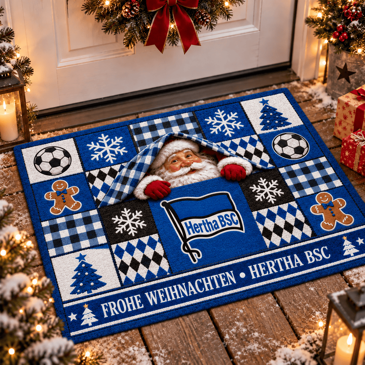 Hertha BSC Personalized Christmas Doormat – Peeking Santa Family Welcome Mat