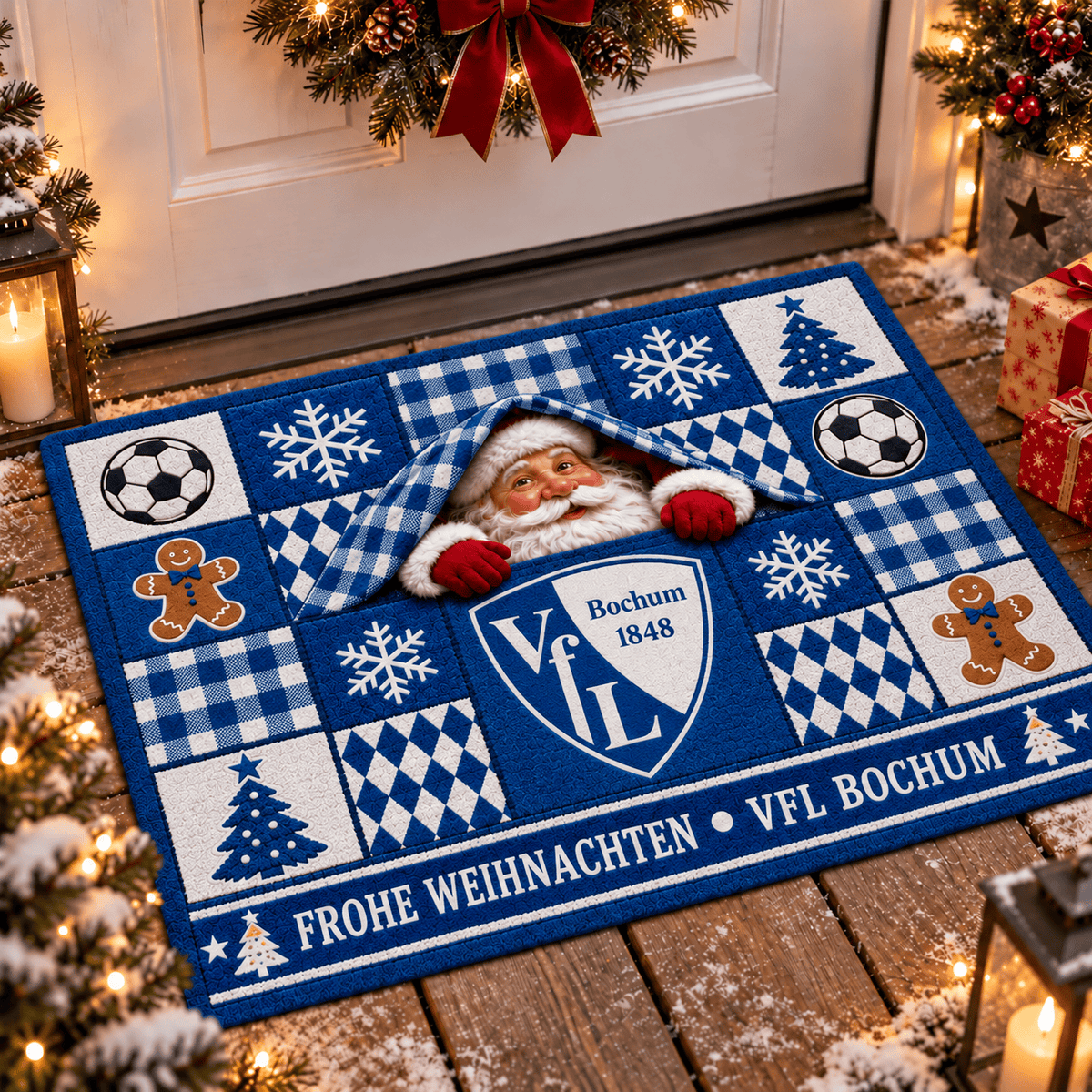 VfL Bochum Personalized Christmas Doormat – Peeking Santa Family Welcome Mat