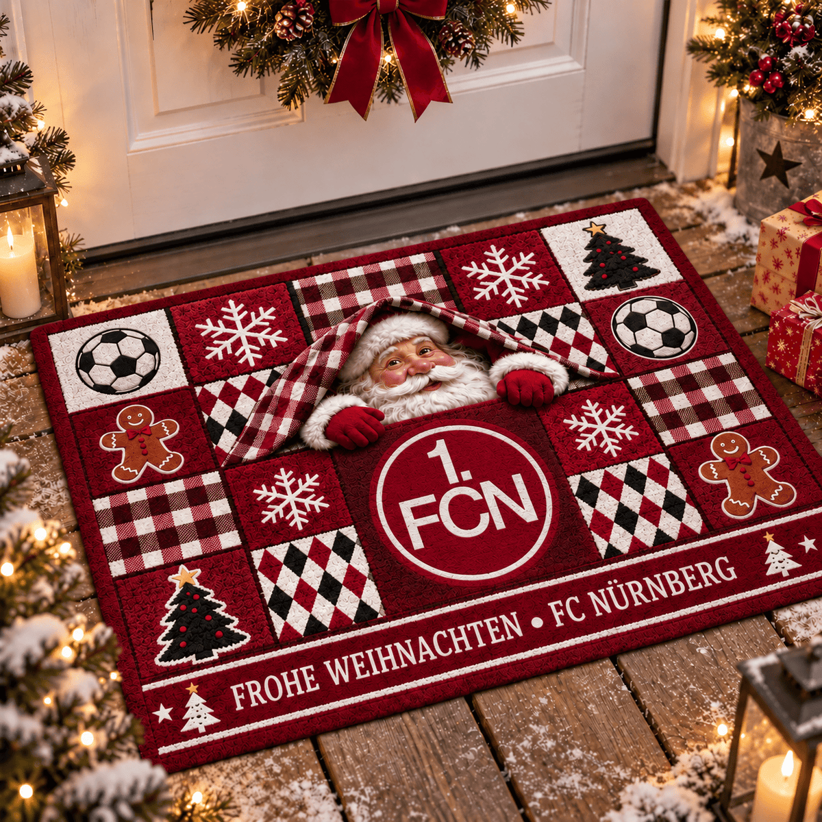 FC Nürnberg Personalized Christmas Doormat – Peeking Santa Family Welcome Mat