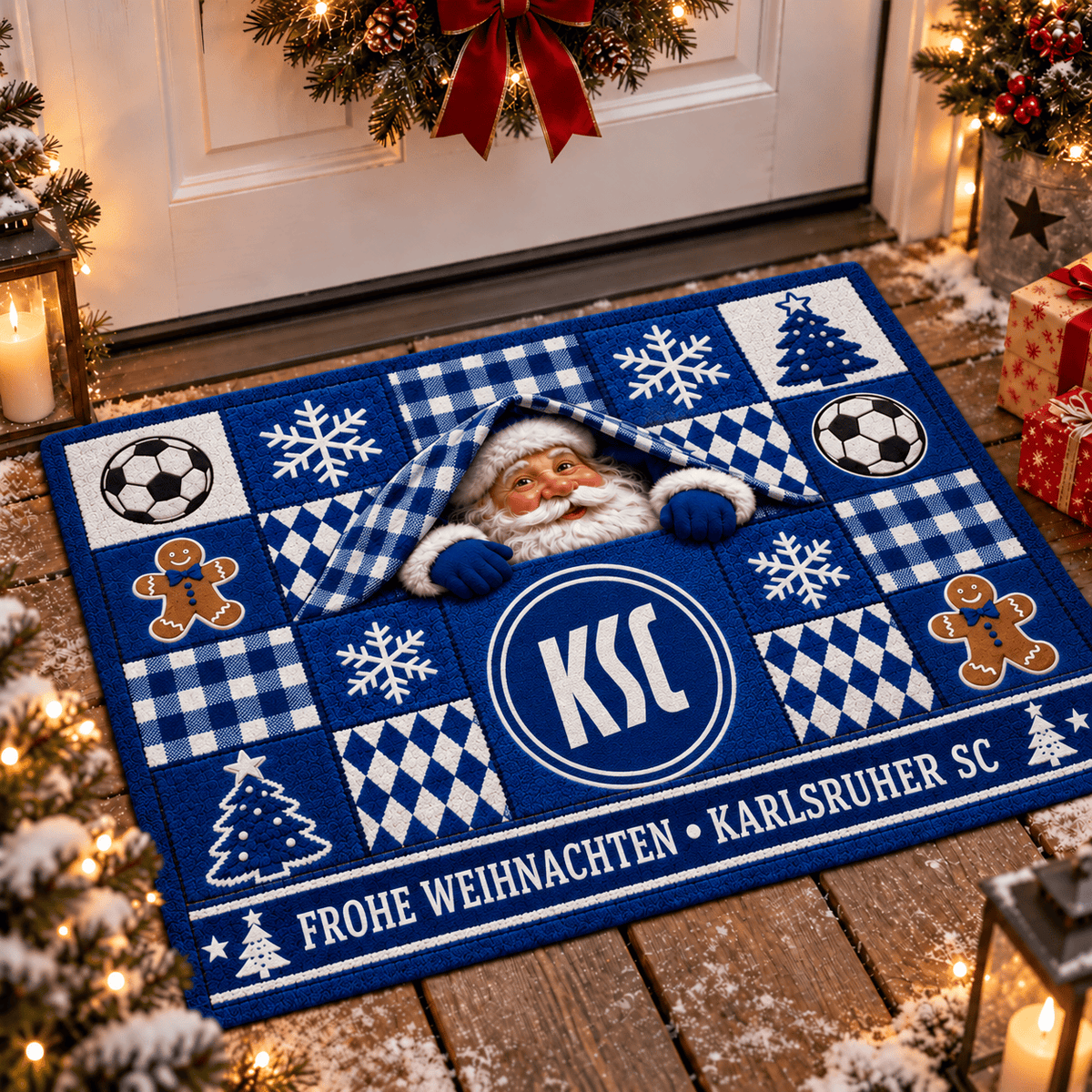 Karlsruher SC Personalized Christmas Doormat – Peeking Santa Family Welcome Mat