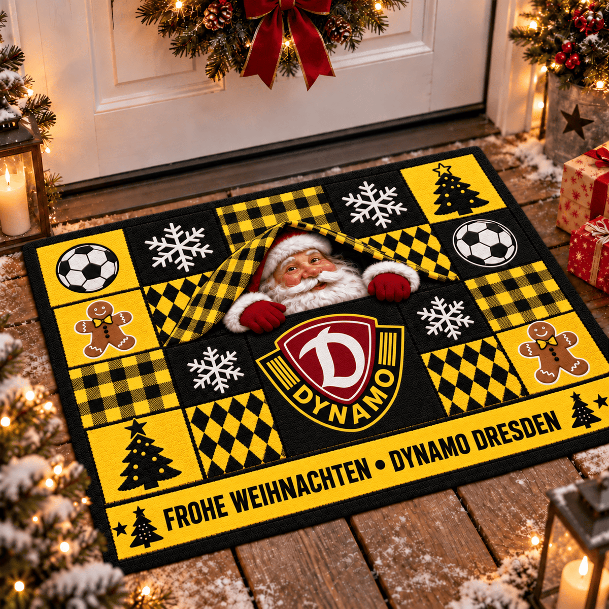 Dynamo Dresden Personalized Christmas Doormat – Peeking Santa Family Welcome Mat
