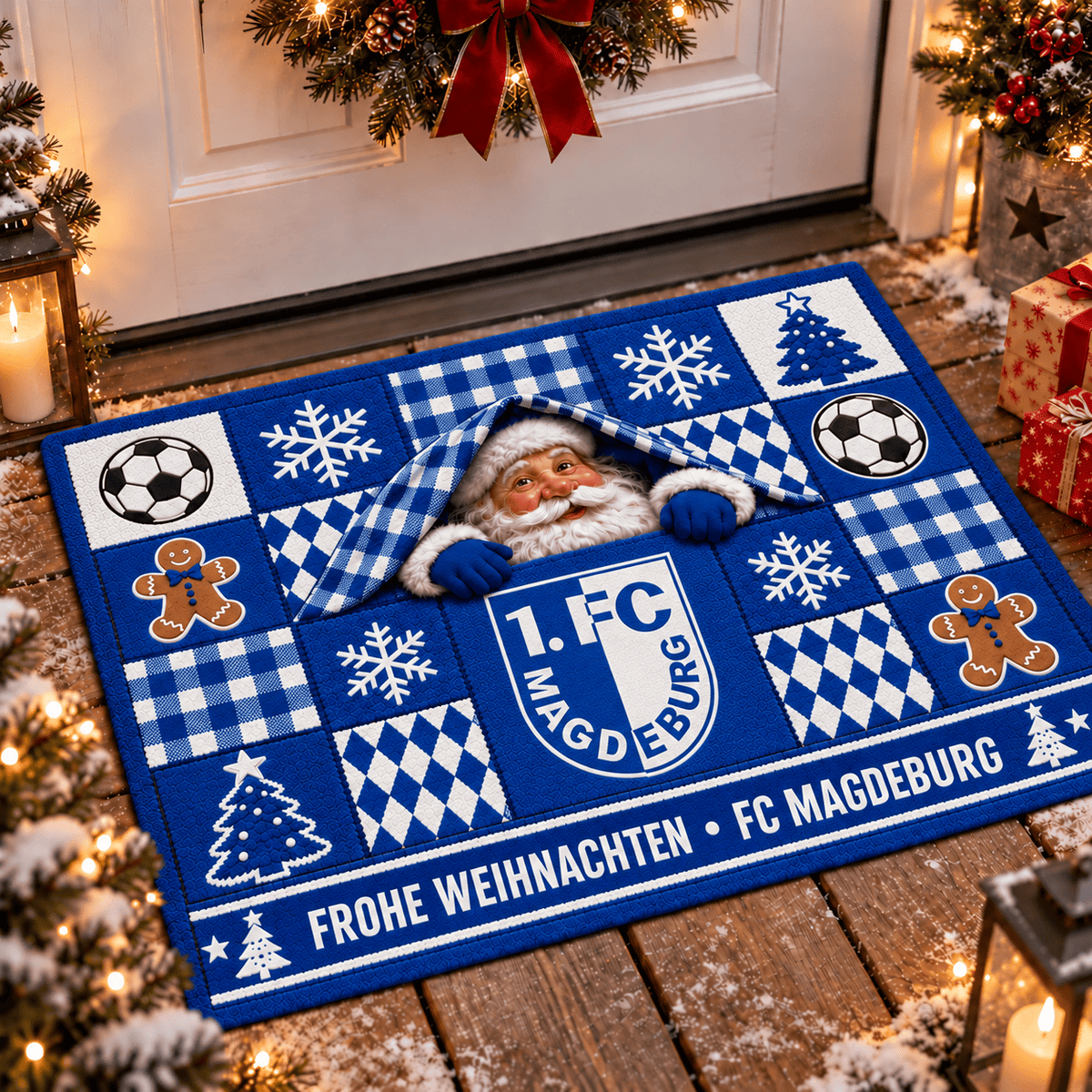 FC Magdeburg Personalized Christmas Doormat – Peeking Santa Family Welcome Mat