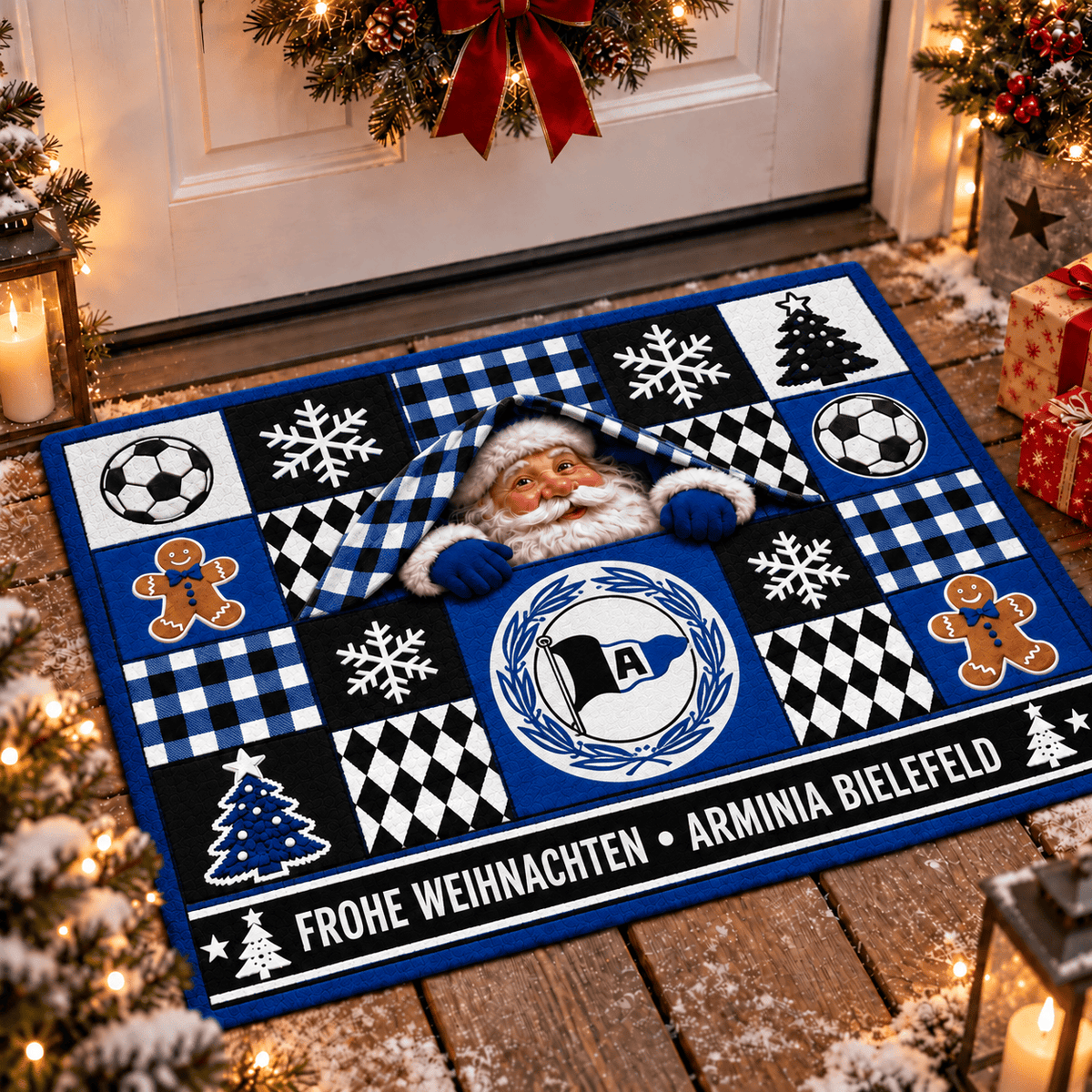 Arminia Bielefeld Personalized Christmas Doormat – Peeking Santa Family Welcome Mat