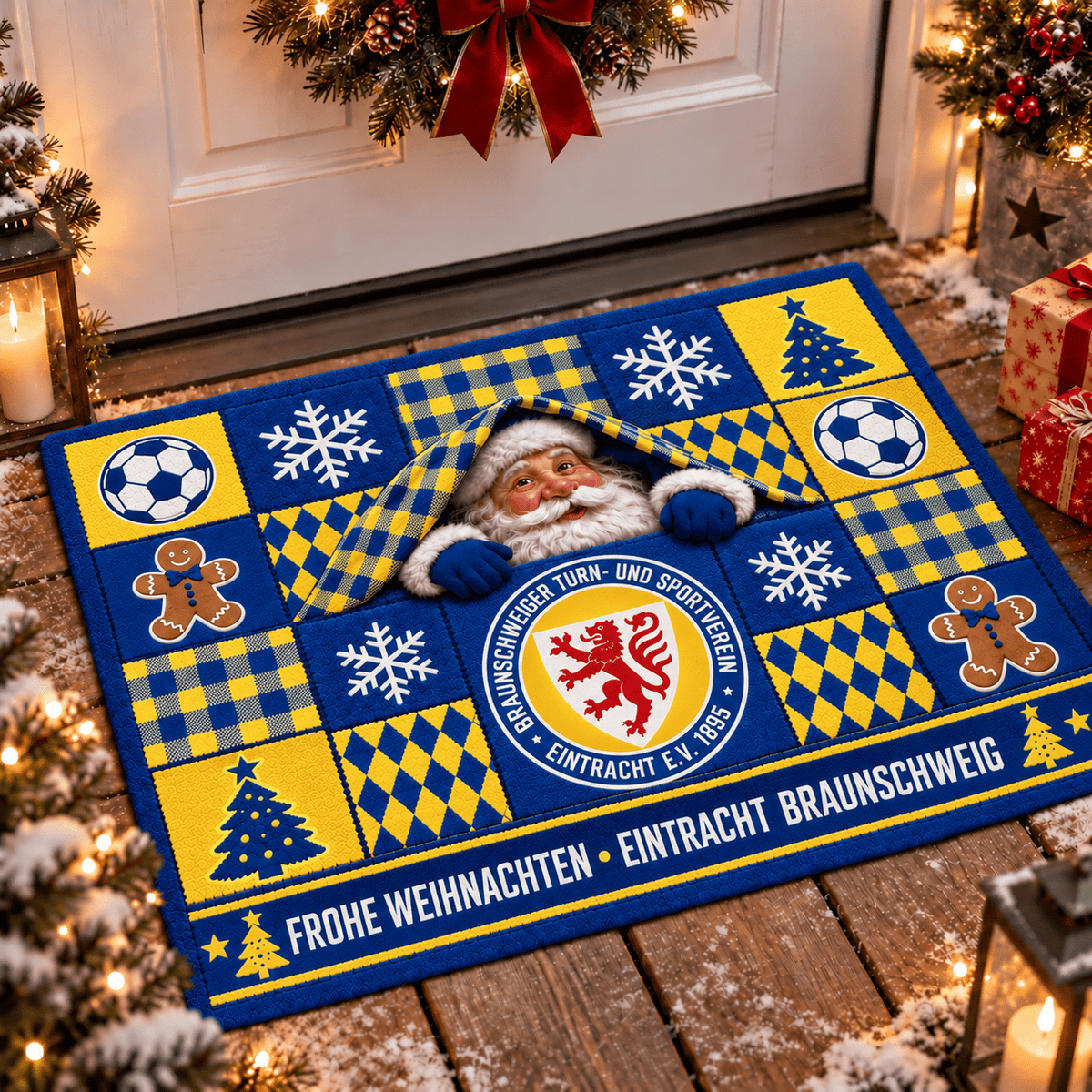 Eintracht Braunschweig Personalized Christmas Doormat – Peeking Santa Family Welcome Mat