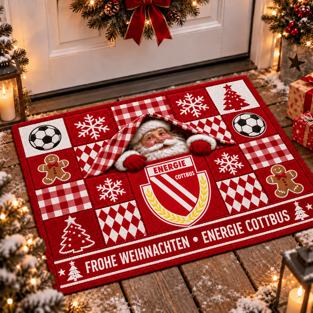 Energie Cottbus Personalized Christmas Doormat – Peeking Santa Family Welcome Mat