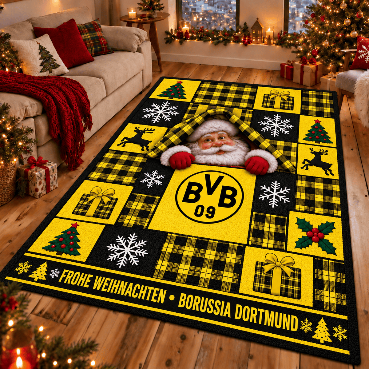 Borussia Dortmund Christmas Area Rug – Peeking Santa Holiday Living Room Carpet