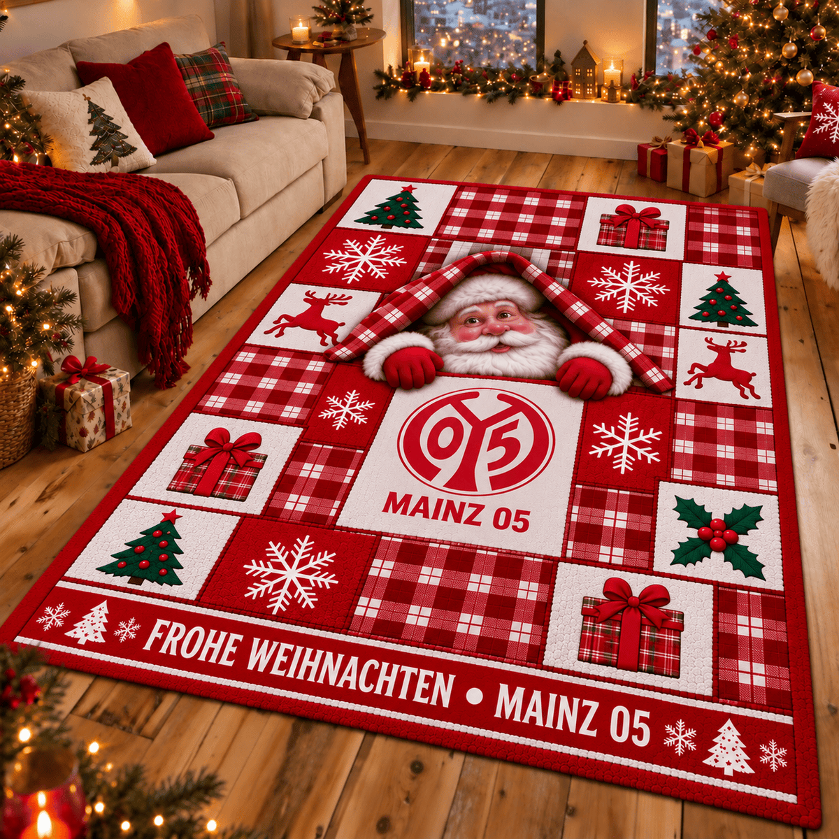Mainz 05 Christmas Area Rug – Peeking Santa Holiday Living Room Carpet