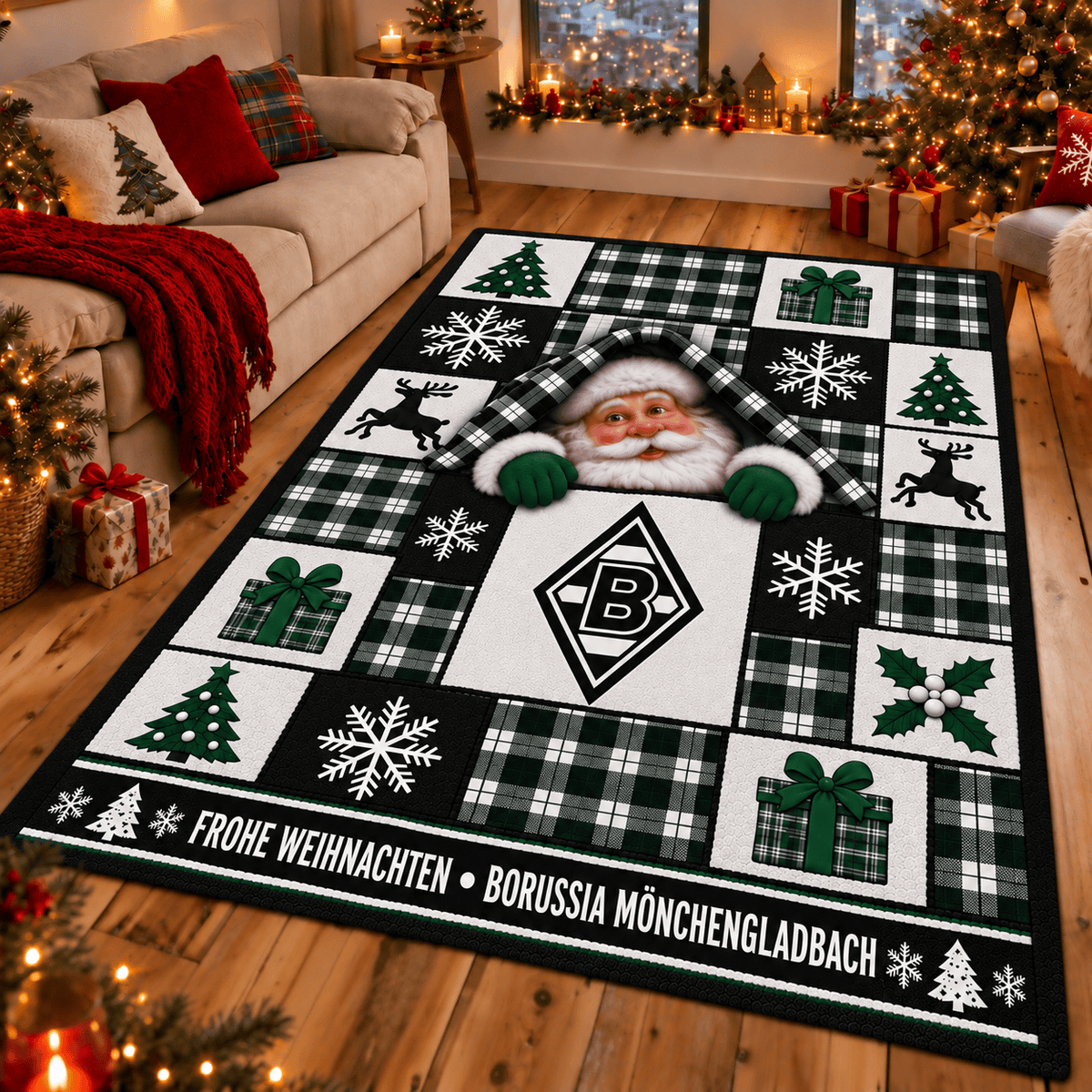 Borussia Mönchengladbach Christmas Area Rug – Peeking Santa Holiday Living Room Carpet
