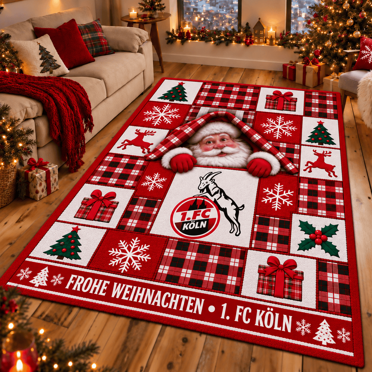 1. FC Köln Christmas Area Rug – Peeking Santa Holiday Living Room Carpet