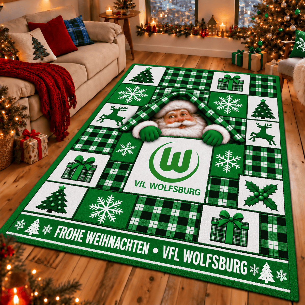 VfL Wolfsburg Christmas Area Rug – Peeking Santa Holiday Living Room Carpet