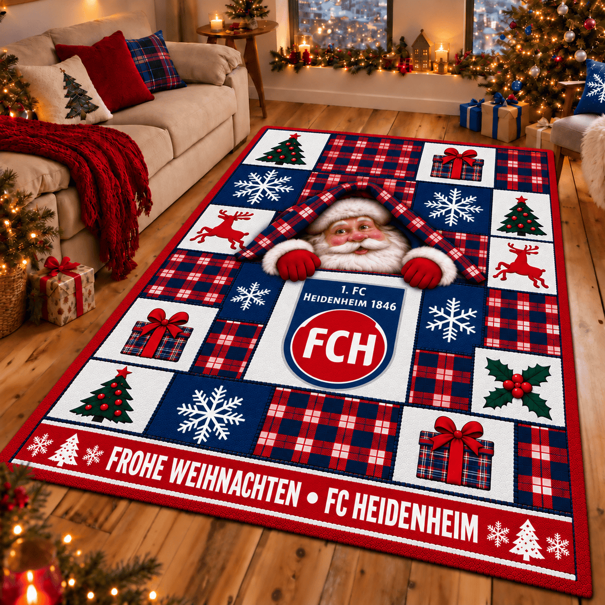 FC Heidenheim Christmas Area Rug – Peeking Santa Holiday Living Room Carpet