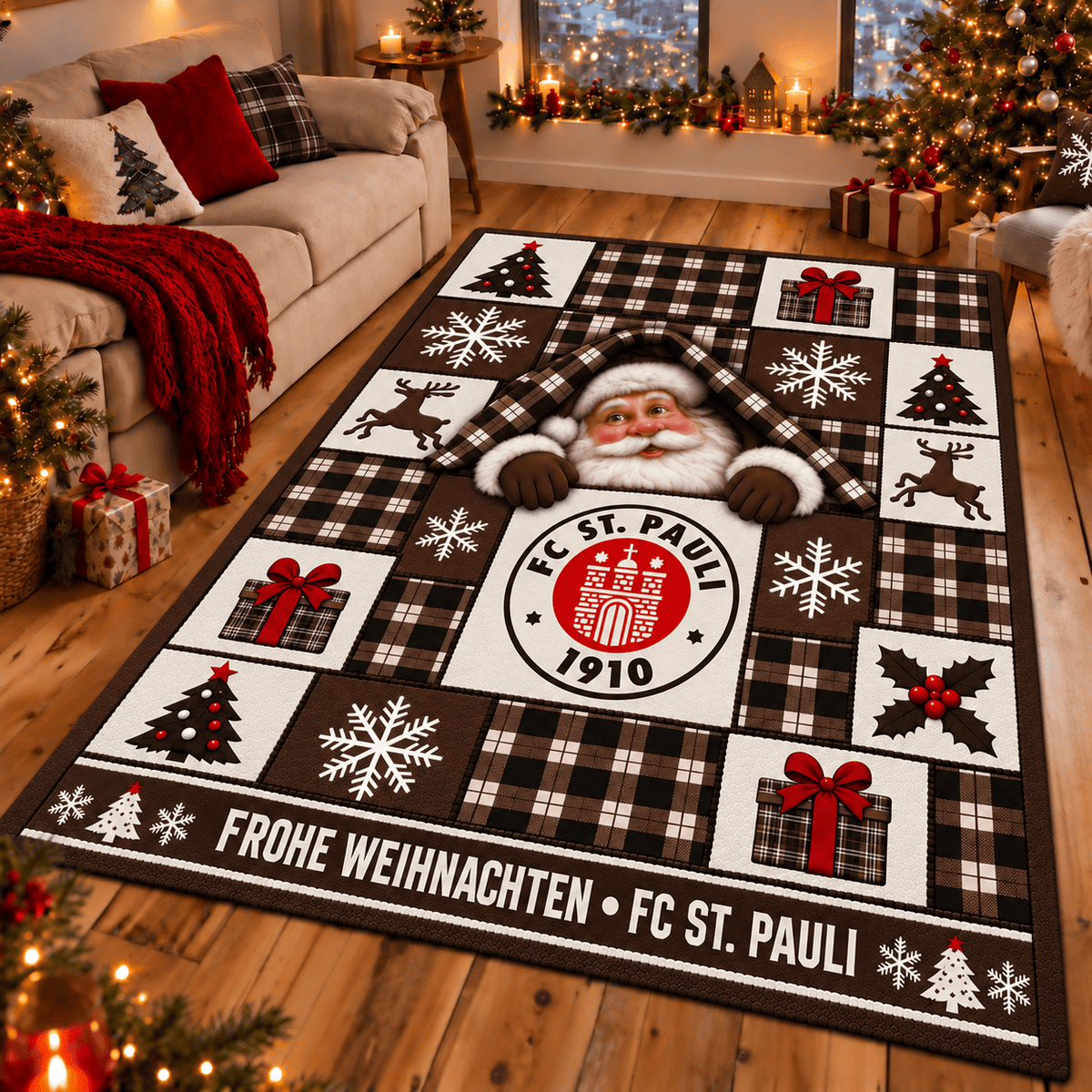 FC St. Pauli Christmas Area Rug – Peeking Santa Holiday Living Room Carpet