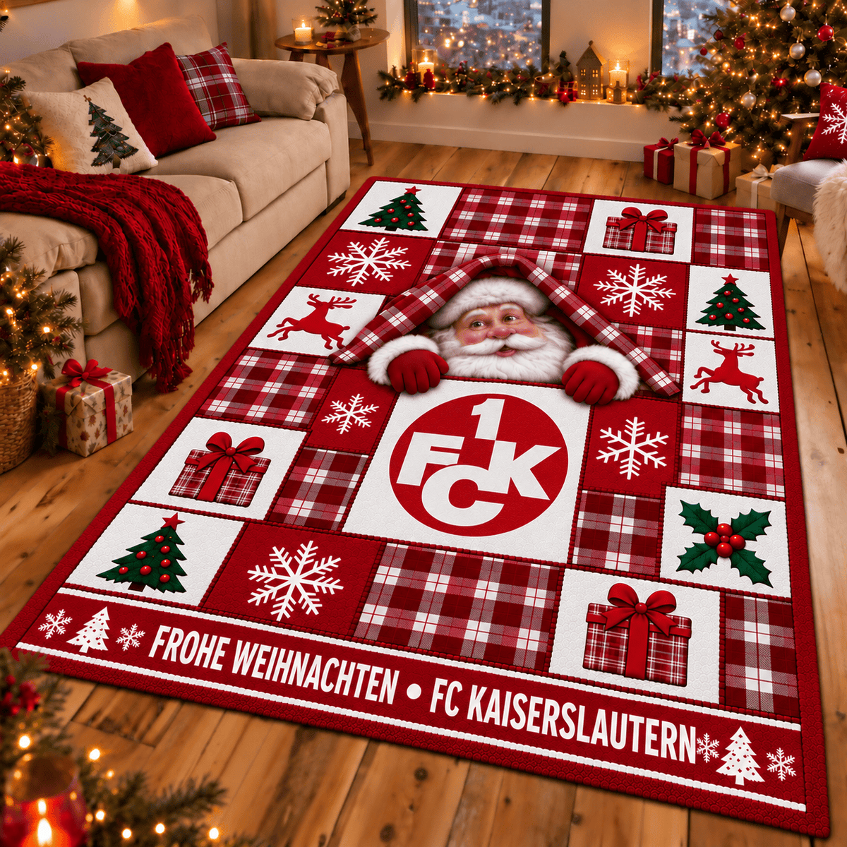 FC Kaiserslautern Christmas Area Rug – Peeking Santa Holiday Living Room Carpet