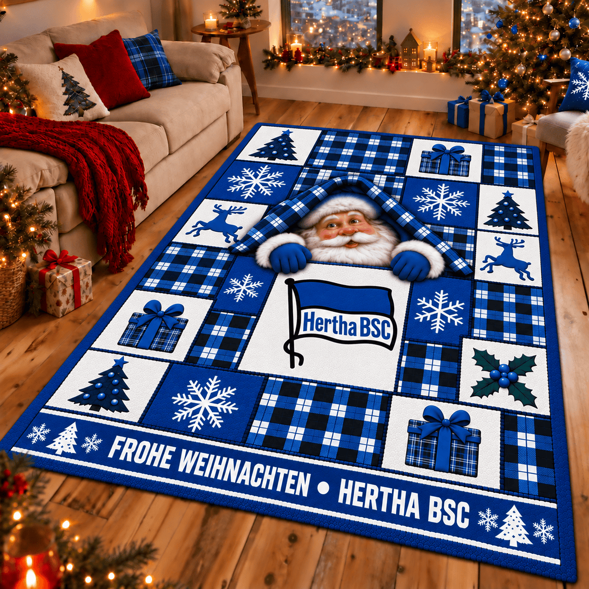Hertha BSC Christmas Area Rug – Peeking Santa Holiday Living Room Carpet