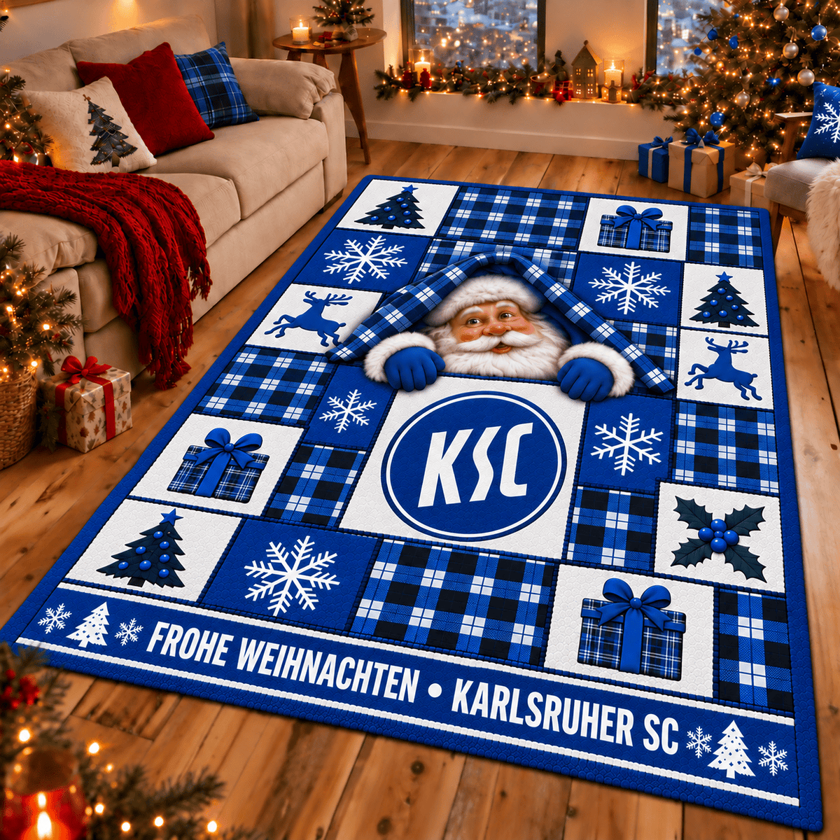 Karlsruher SC Christmas Area Rug – Peeking Santa Holiday Living Room Carpet