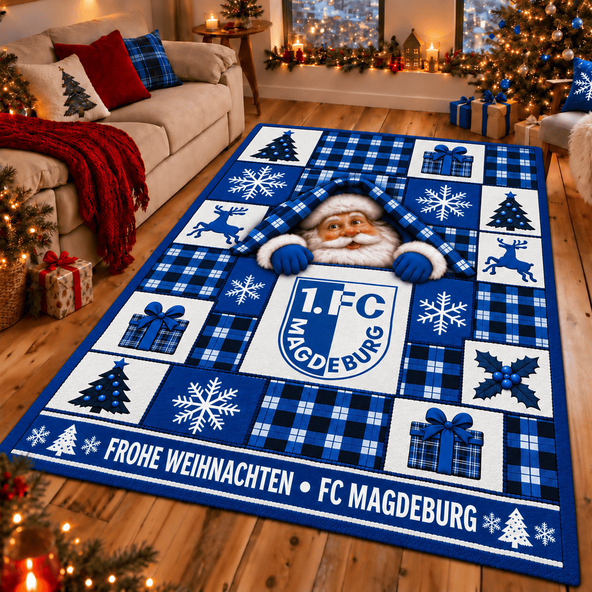 FC Magdeburg Christmas Area Rug – Peeking Santa Holiday Living Room Carpet