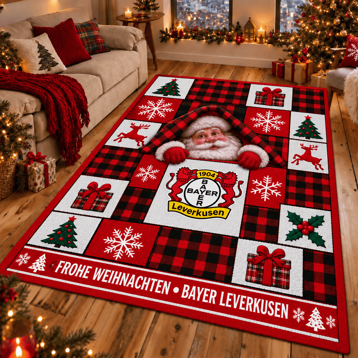 Bayer Leverkusen Christmas Area Rug – Peeking Santa Holiday Living Room Carpet