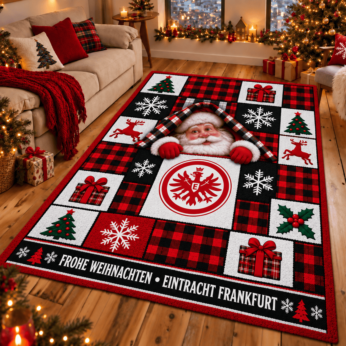 Eintracht Frankfurt Christmas Area Rug – Peeking Santa Holiday Living Room Carpet