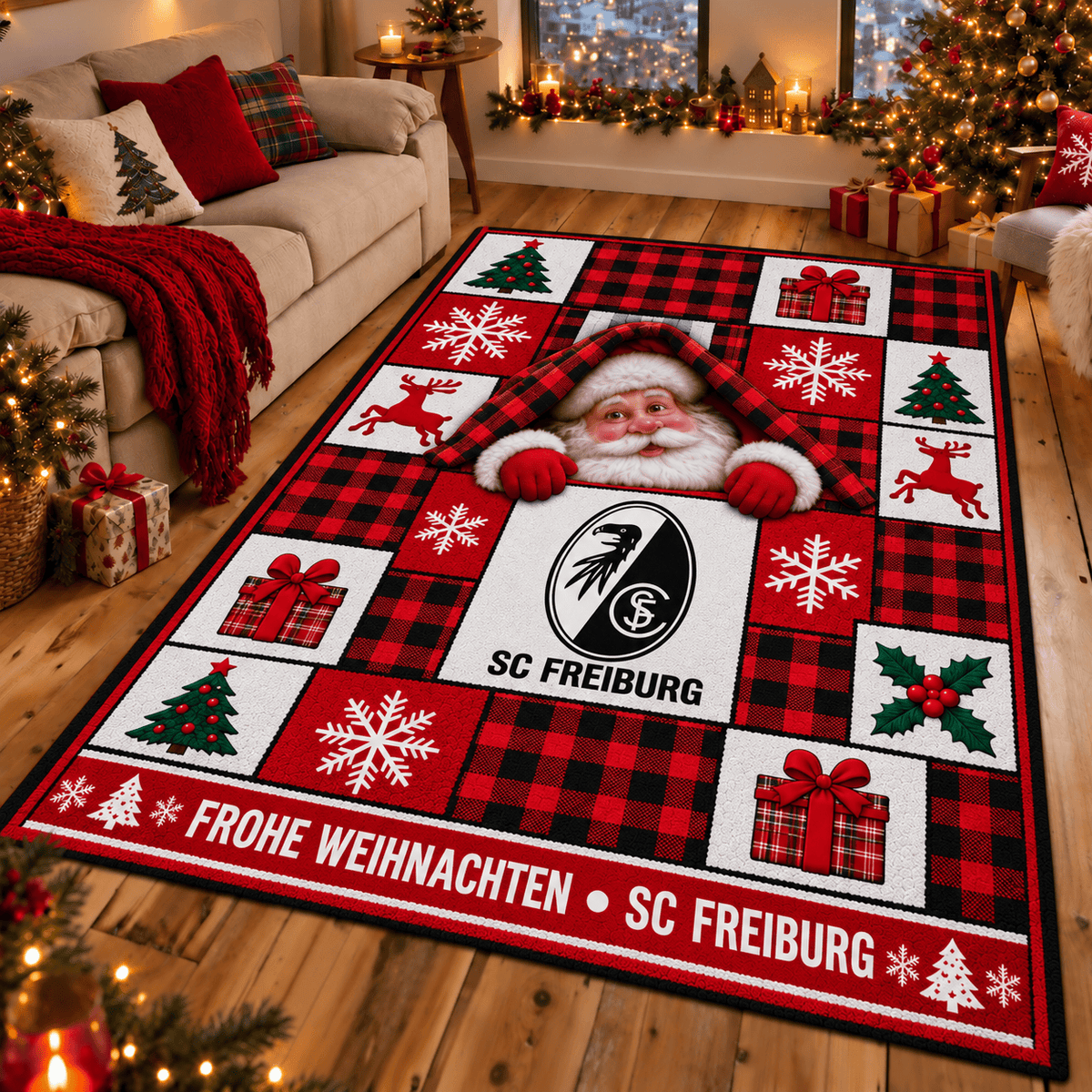 SC Freiburg Christmas Area Rug – Peeking Santa Holiday Living Room Carpet
