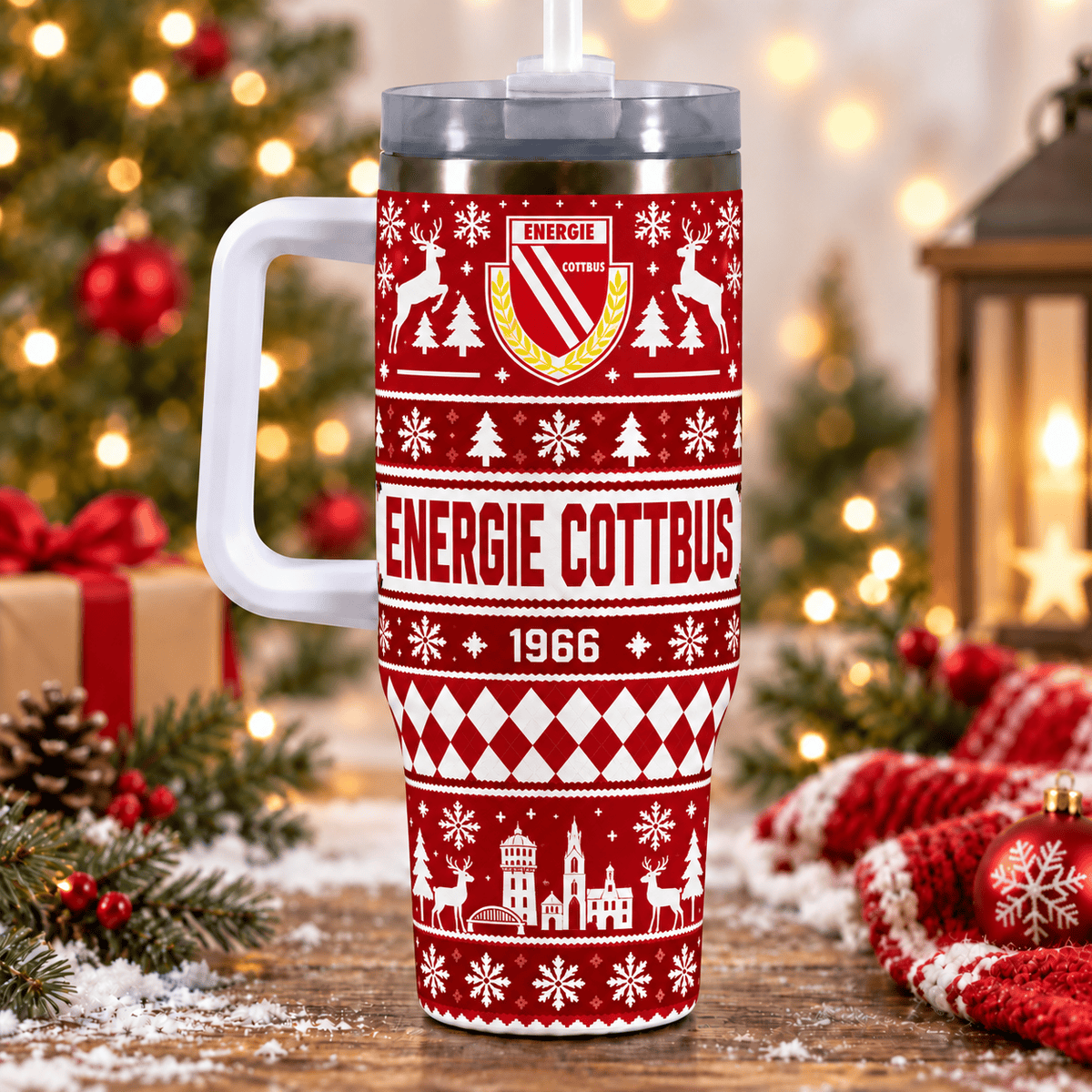 Energie Cottbus Christmas 40oz Tumbler with Handle & Straw